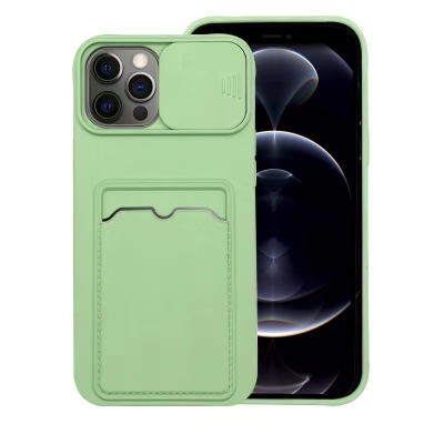 Liquid silicone phone case with sliding window protection lens and card holster for iphone