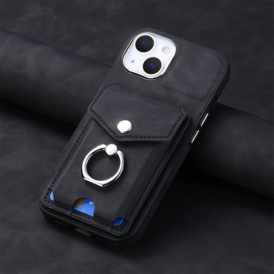 PU leather skin feeling phone case with card holster, ring stand for Iphone
