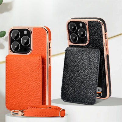 Crossbody PU electroplated leather phone case with card holster for Iphone 